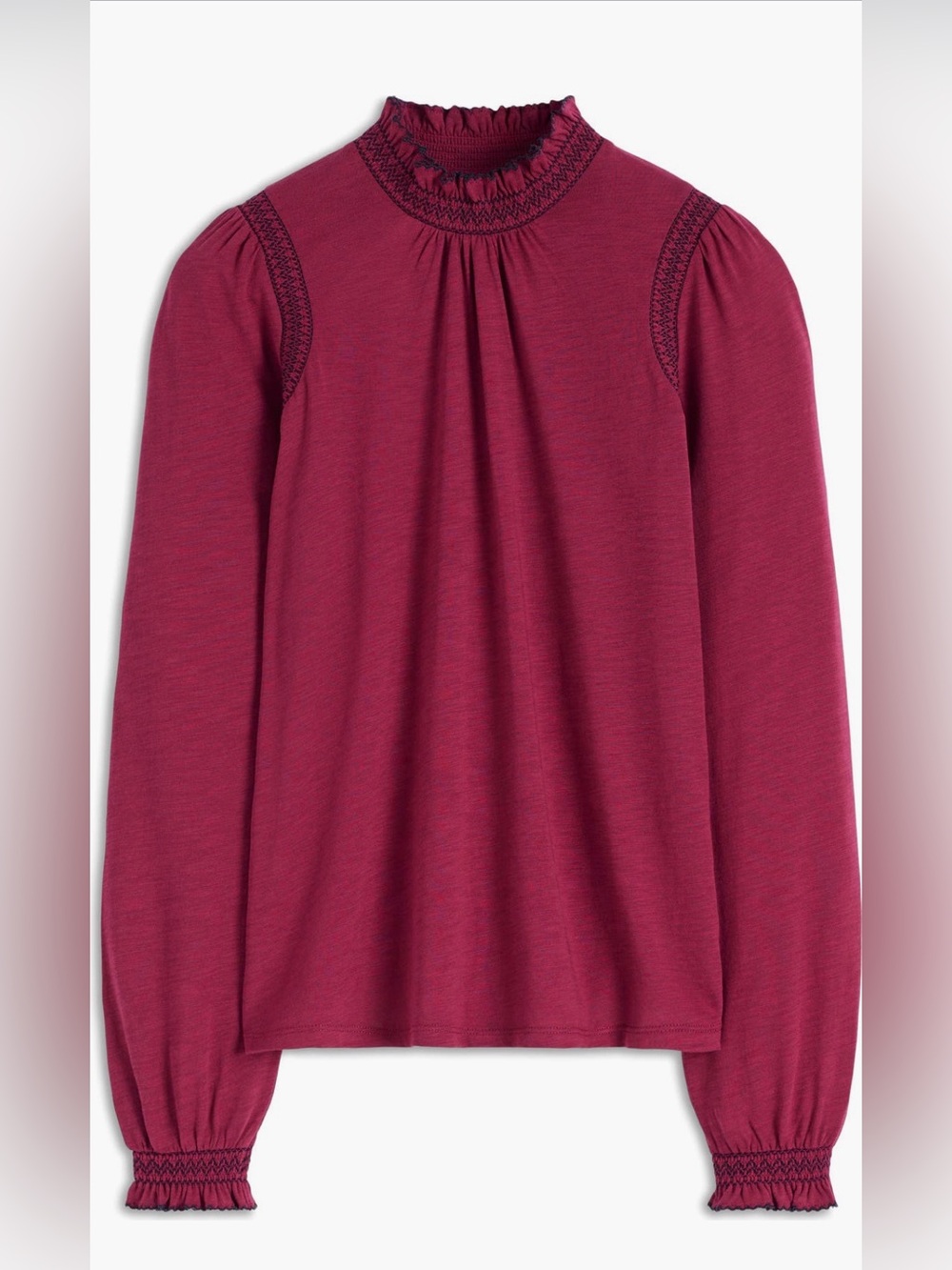 BODEN Tia Smocked Trim Jersey Top- Burgundy High-Neck Long Sleeve